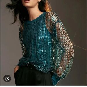 Anthropologie Turquoise Teal Sequined Mesh Long-Sleeve Women's Top